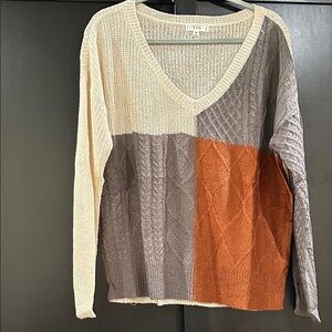 Elegant V-Neck Colorblock Sweater - Cream, Gray, and Orange